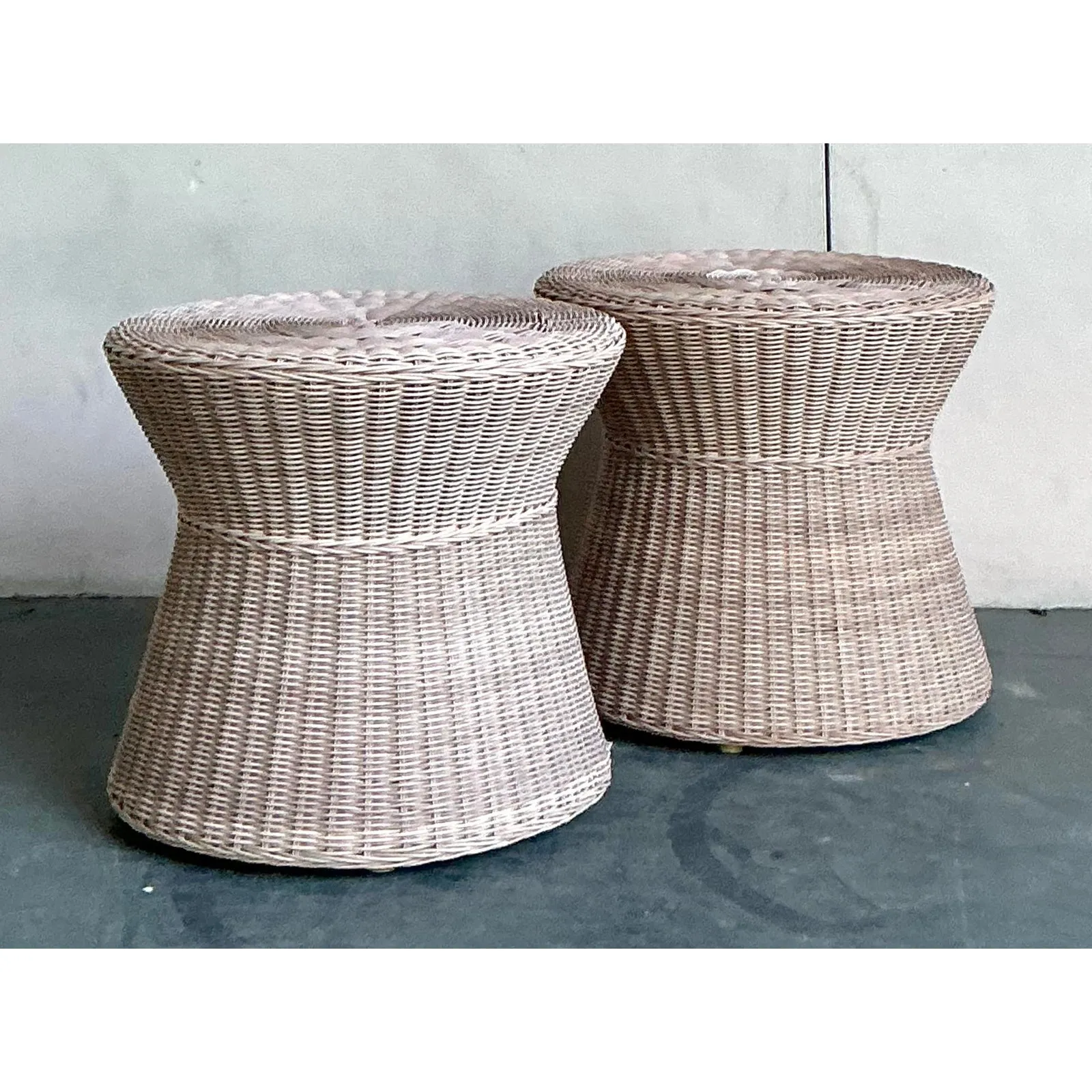 Vintage Coastal Pale Pink Woven Rattan Side Tables - A Pair — additional photo 5