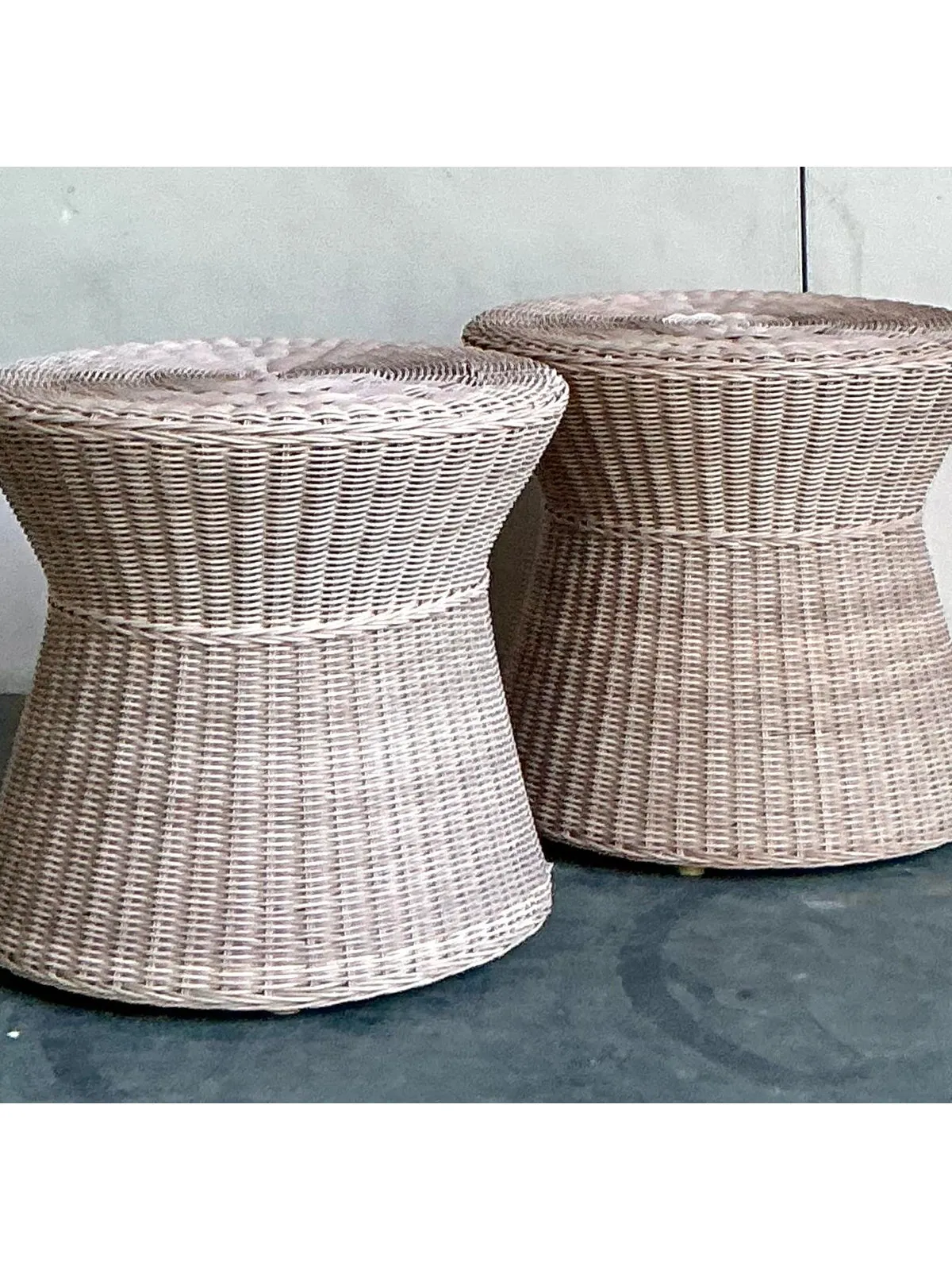 Vintage Coastal Pale Pink Woven Rattan Side Tables - A Pair — additional photo 4