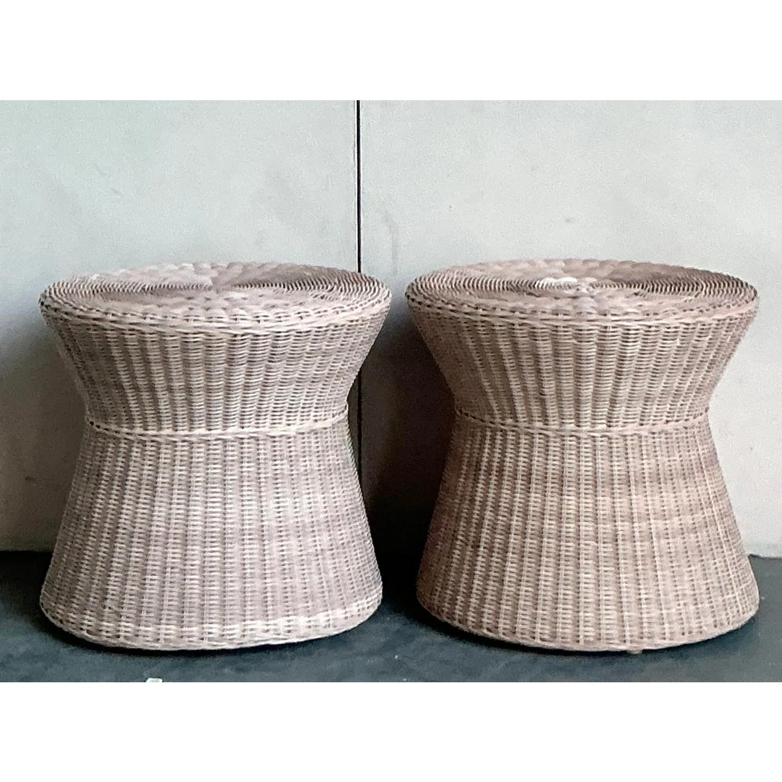 Vintage Coastal Pale Pink Woven Rattan Side Tables - A Pair — additional photo 6