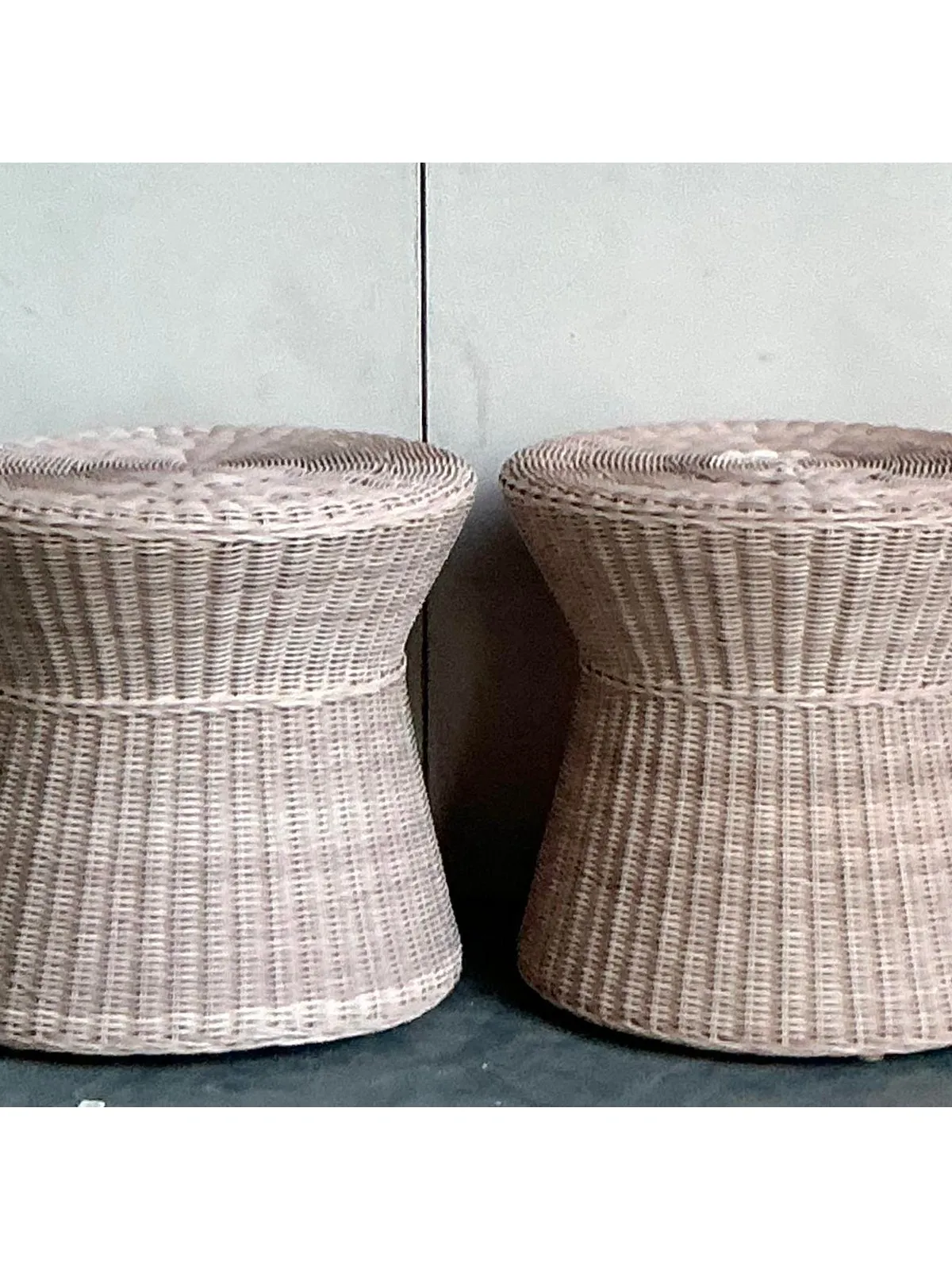 Vintage Coastal Pale Pink Woven Rattan Side Tables - A Pair — additional photo 5