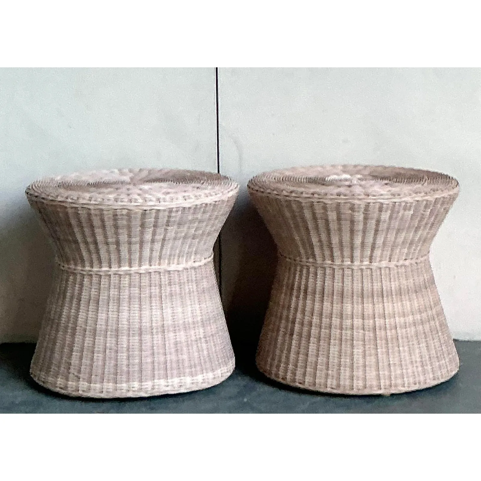 Vintage Coastal Pale Pink Woven Rattan Side Tables - A Pair — additional photo 7