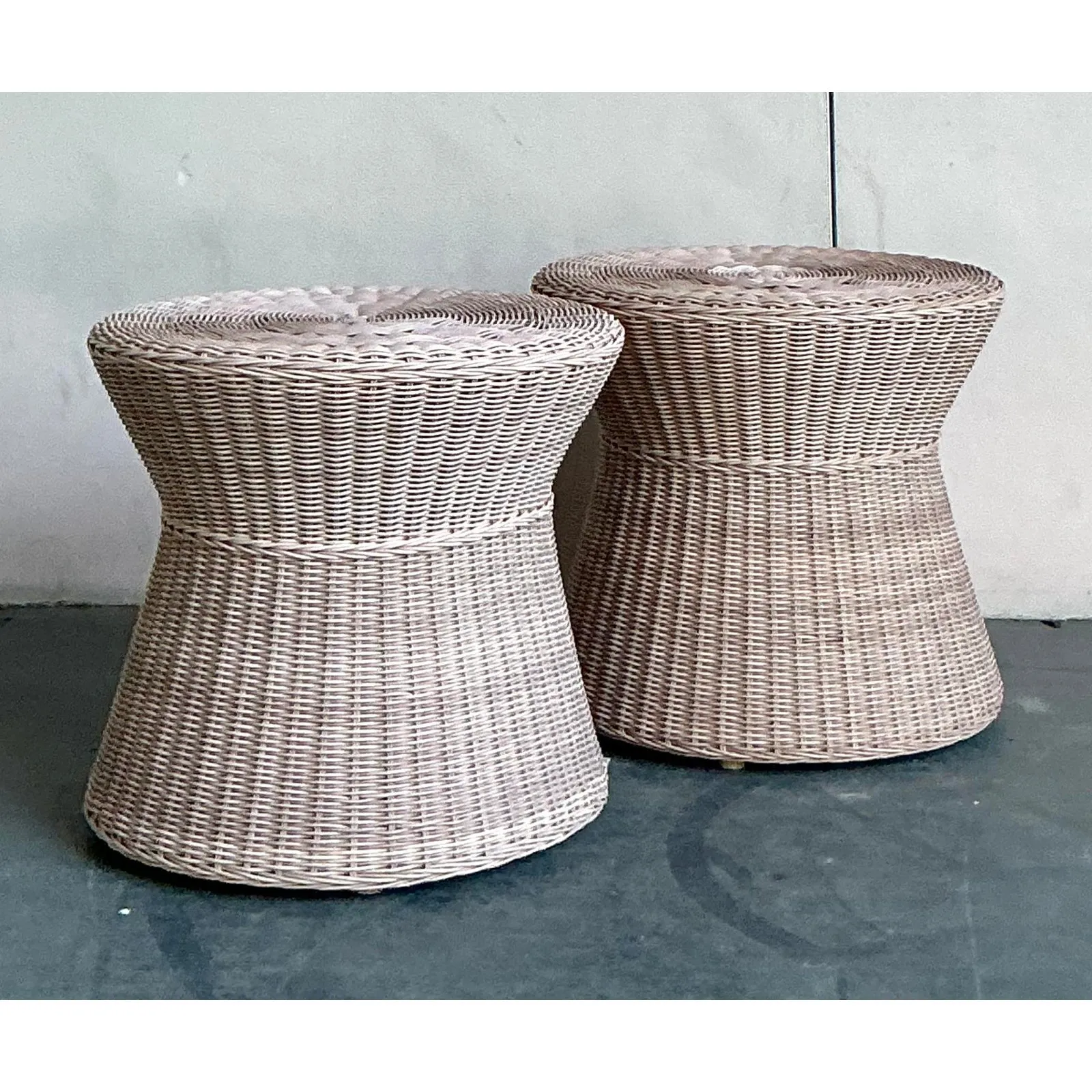 Vintage Coastal Pale Pink Woven Rattan Side Tables - A Pair — additional photo 8