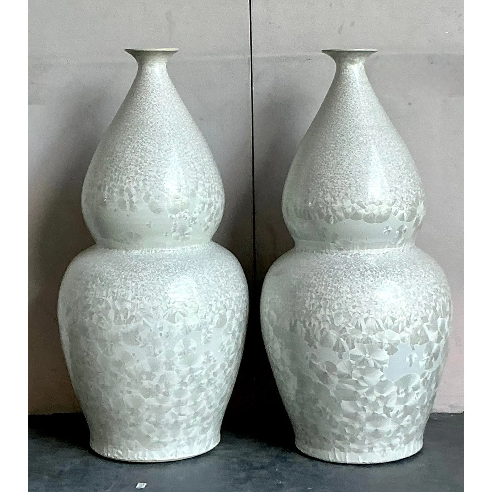 Vintage Regency Monumental Crystal Glazed Ceramic Gourd Floor Vase - A Pair — additional photo 8