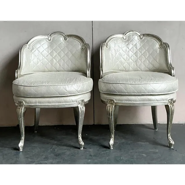 Vintage Regency Baroque Quilted Silver Leaf Lounge Chairs - A Pair — additional photo 1