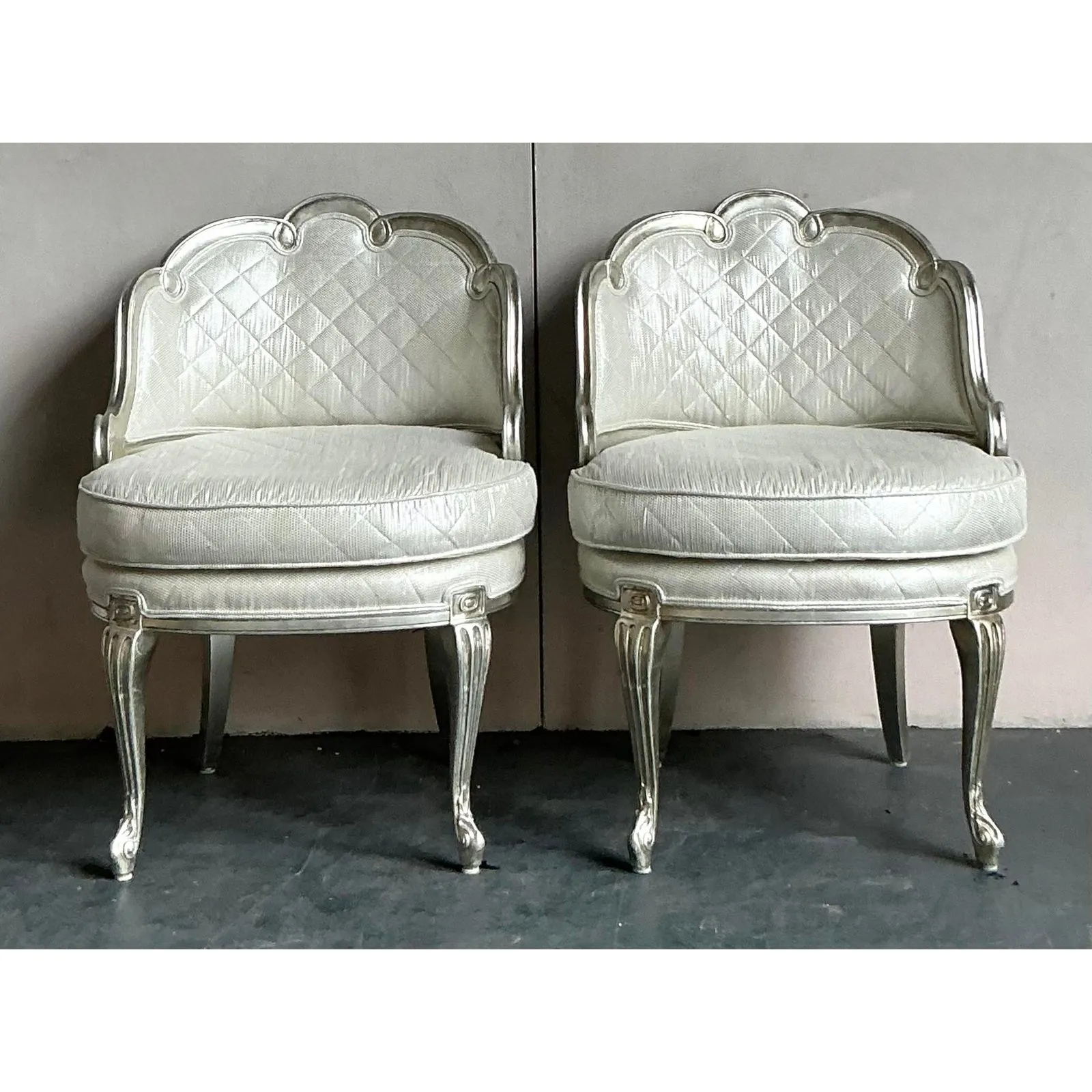 Vintage Regency Baroque Quilted Silver Leaf Lounge Chairs - A Pair — additional photo 6