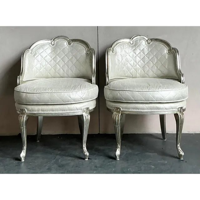 Vintage Regency Baroque Quilted Silver Leaf Lounge Chairs - A Pair — additional photo 6