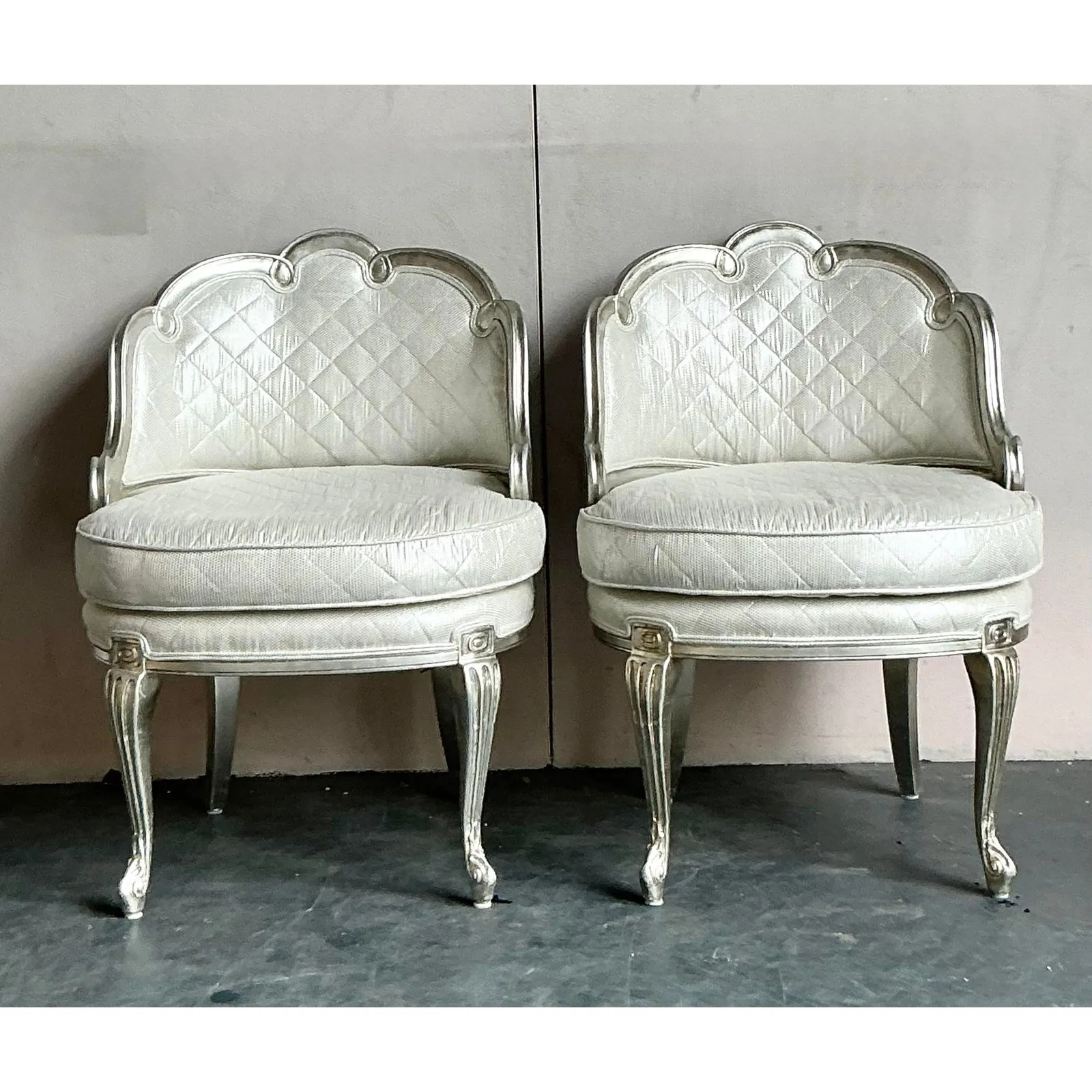 Vintage Regency Baroque Quilted Silver Leaf Lounge Chairs - A Pair — additional photo 2