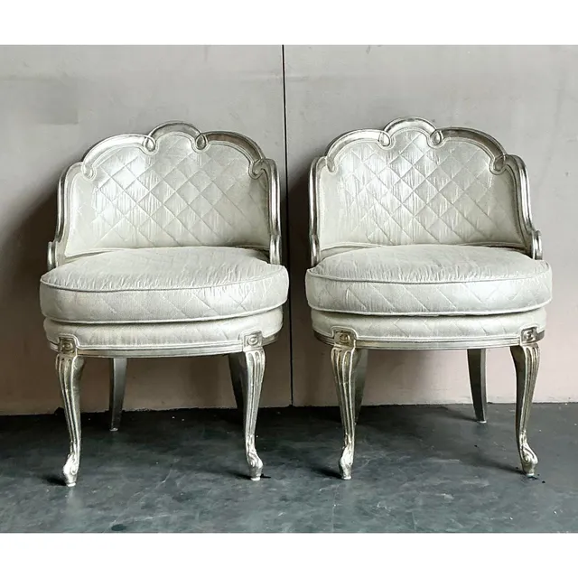 Vintage Regency Baroque Quilted Silver Leaf Lounge Chairs - A Pair — additional photo 2