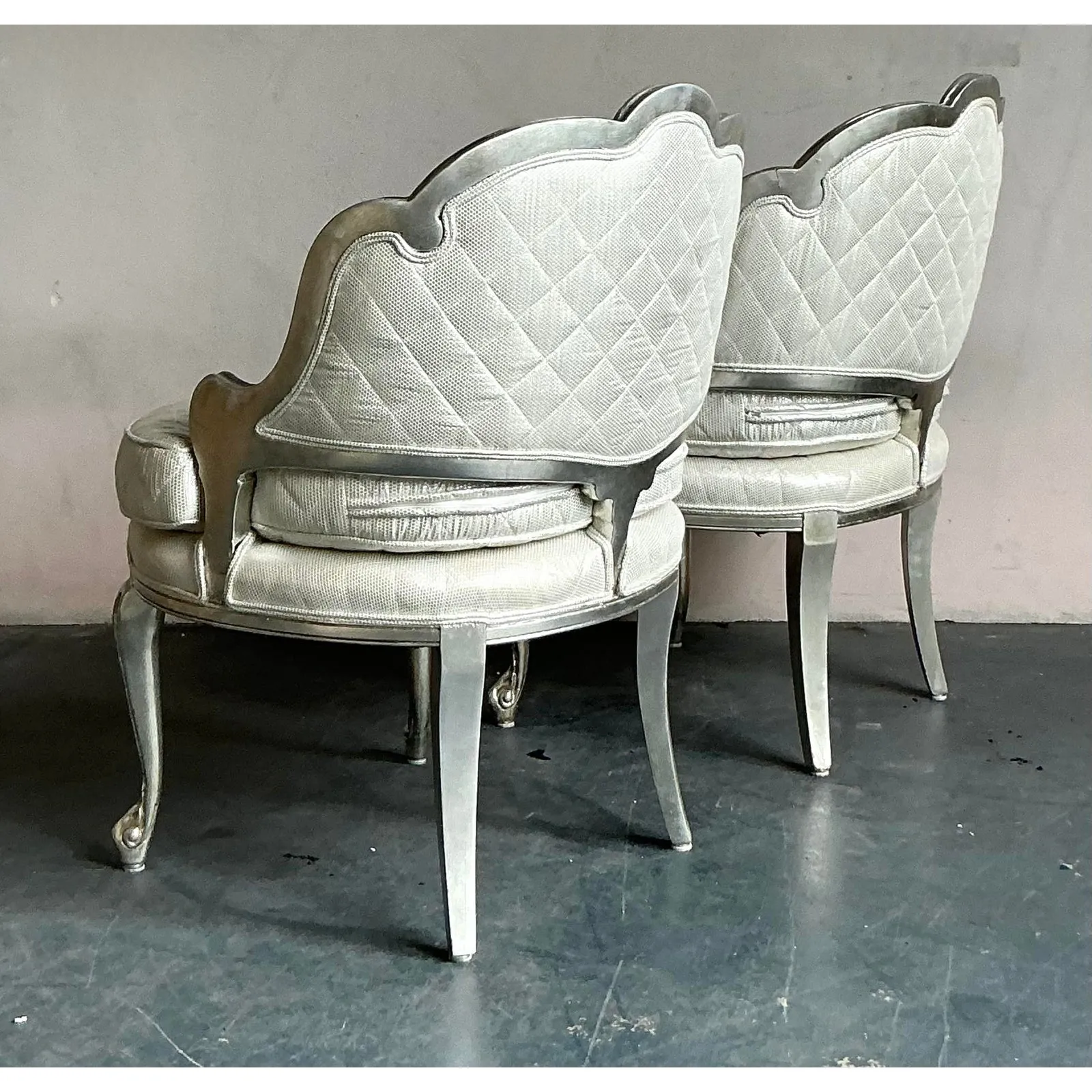 Vintage Regency Baroque Quilted Silver Leaf Lounge Chairs - A Pair — additional photo 3