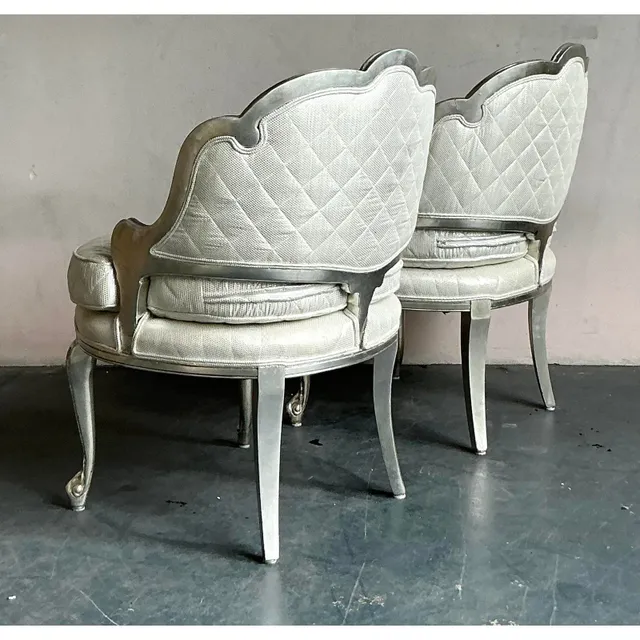 Vintage Regency Baroque Quilted Silver Leaf Lounge Chairs - A Pair — additional photo 3