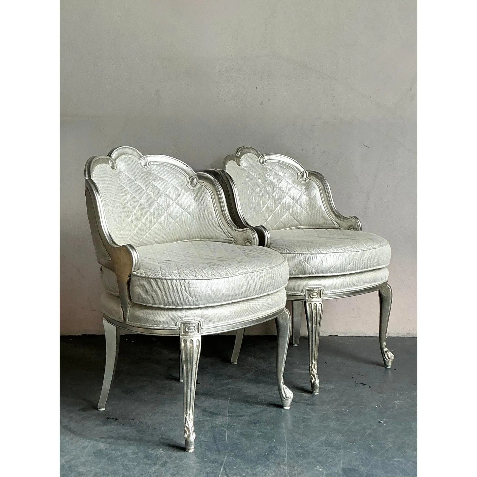 Vintage Regency Baroque Quilted Silver Leaf Lounge Chairs - A Pair — additional photo 4