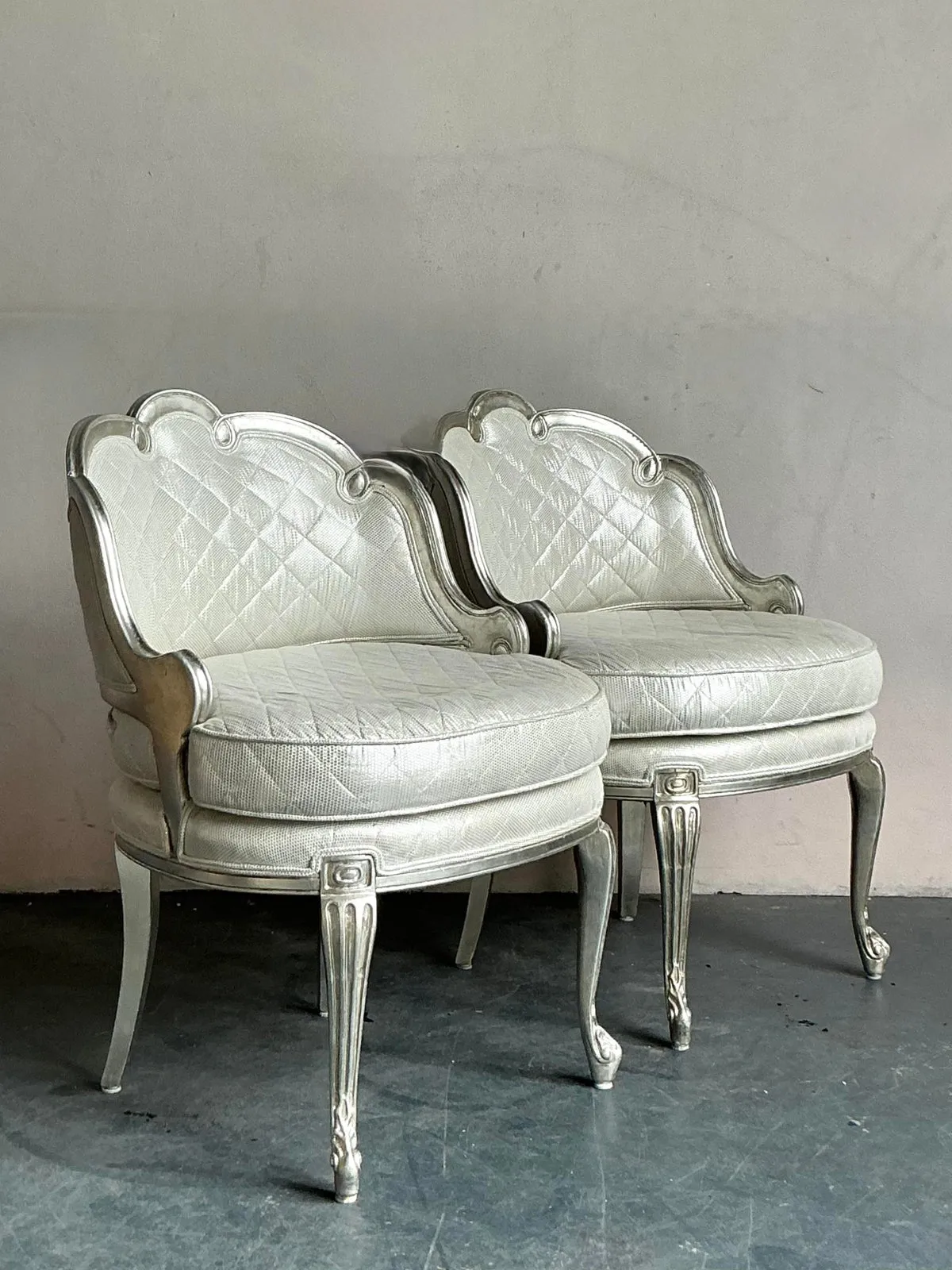 Vintage Regency Baroque Quilted Silver Leaf Lounge Chairs - A Pair — additional photo 4