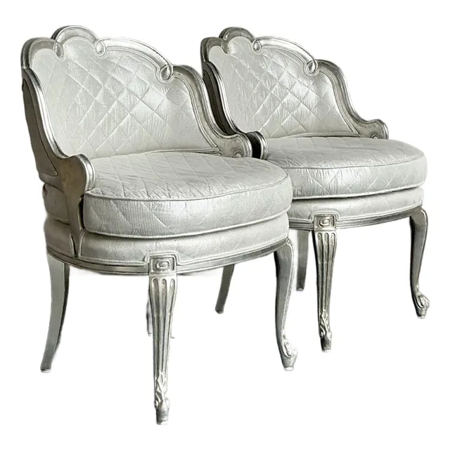 Vintage Regency Baroque Quilted Silver Leaf Lounge Chairs - A Pair — additional photo 5