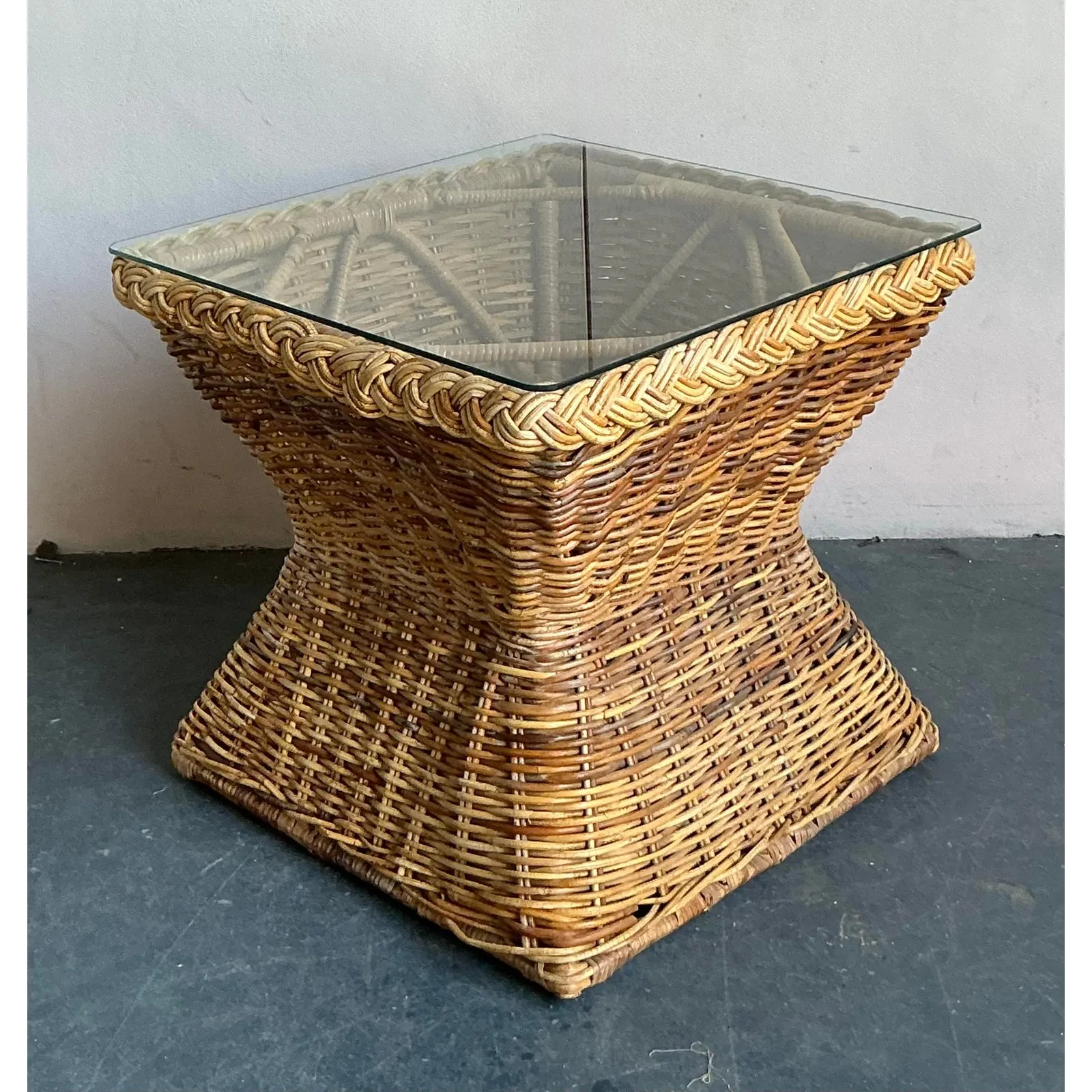 Vintage Coastal Braided Rattan Side Table
