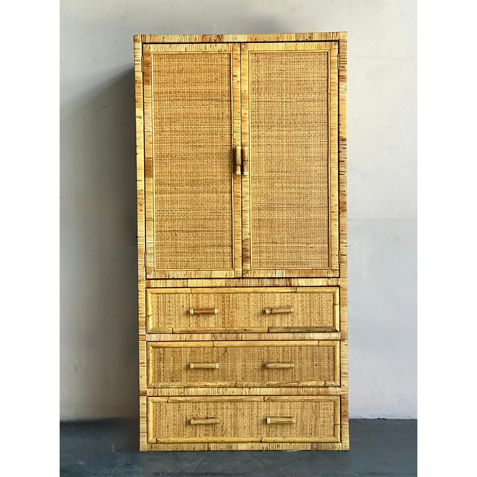 Vintage Boho Woven Rattan Armoire — additional photo 1