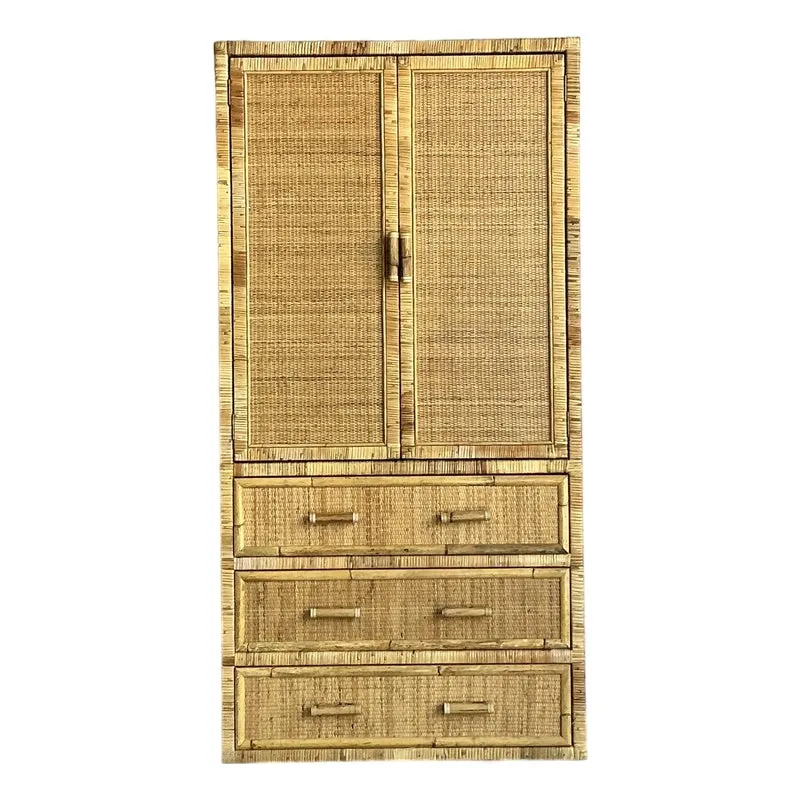 Vintage Boho Woven Rattan Armoire