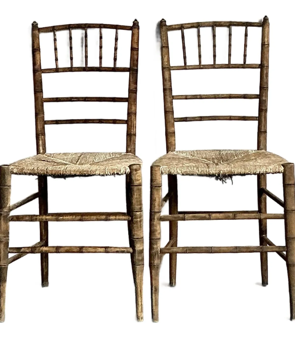 Vintage Patinated Rush Seat Charvari Chairs - A Pair