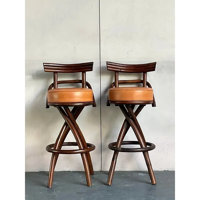 Vintage Boho Bent Rattan Bar Stools - A Pair — additional photo 2