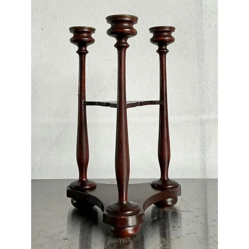 Vintage Boho Tripod Polished Mahogany Candlestick - Side view