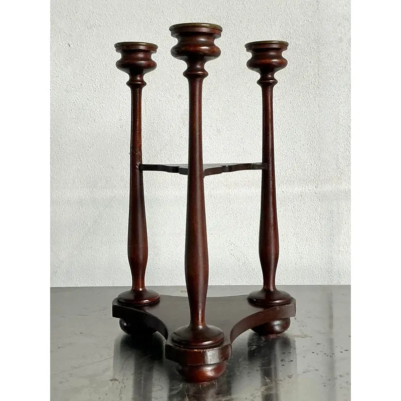 Vintage Boho Tripod Polished Mahogany Candlestick - Angle view