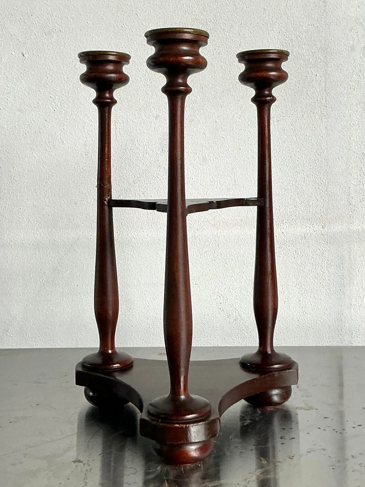 Vintage Boho Tripod Polished Mahogany Candlestick - Close-up view