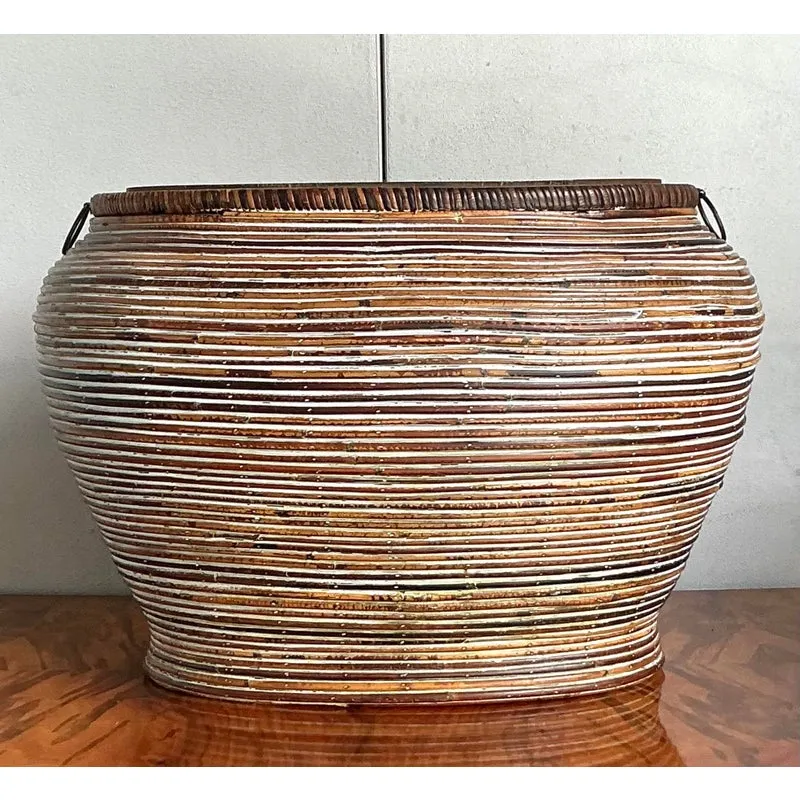 Vintage Boho Monumental Pencil Reed Lidded Basket — additional photo 5