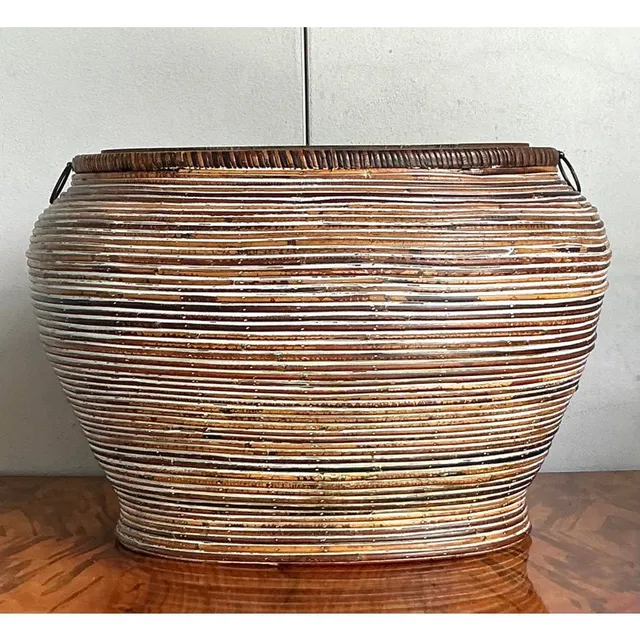 Vintage Boho Monumental Pencil Reed Lidded Basket — additional photo 5