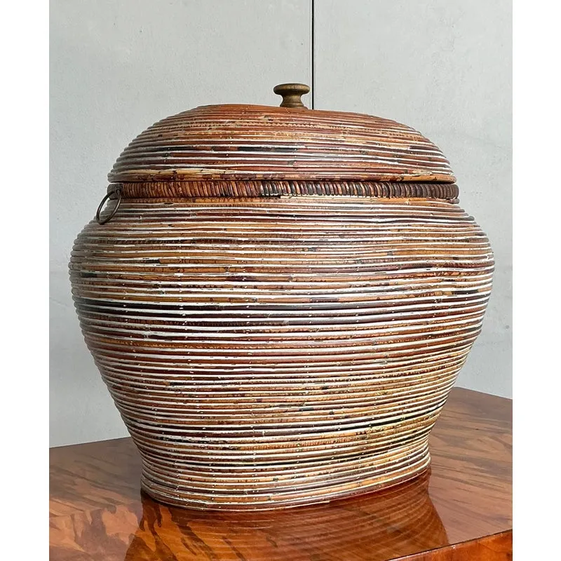 Vintage Boho Monumental Pencil Reed Lidded Basket — additional photo 4