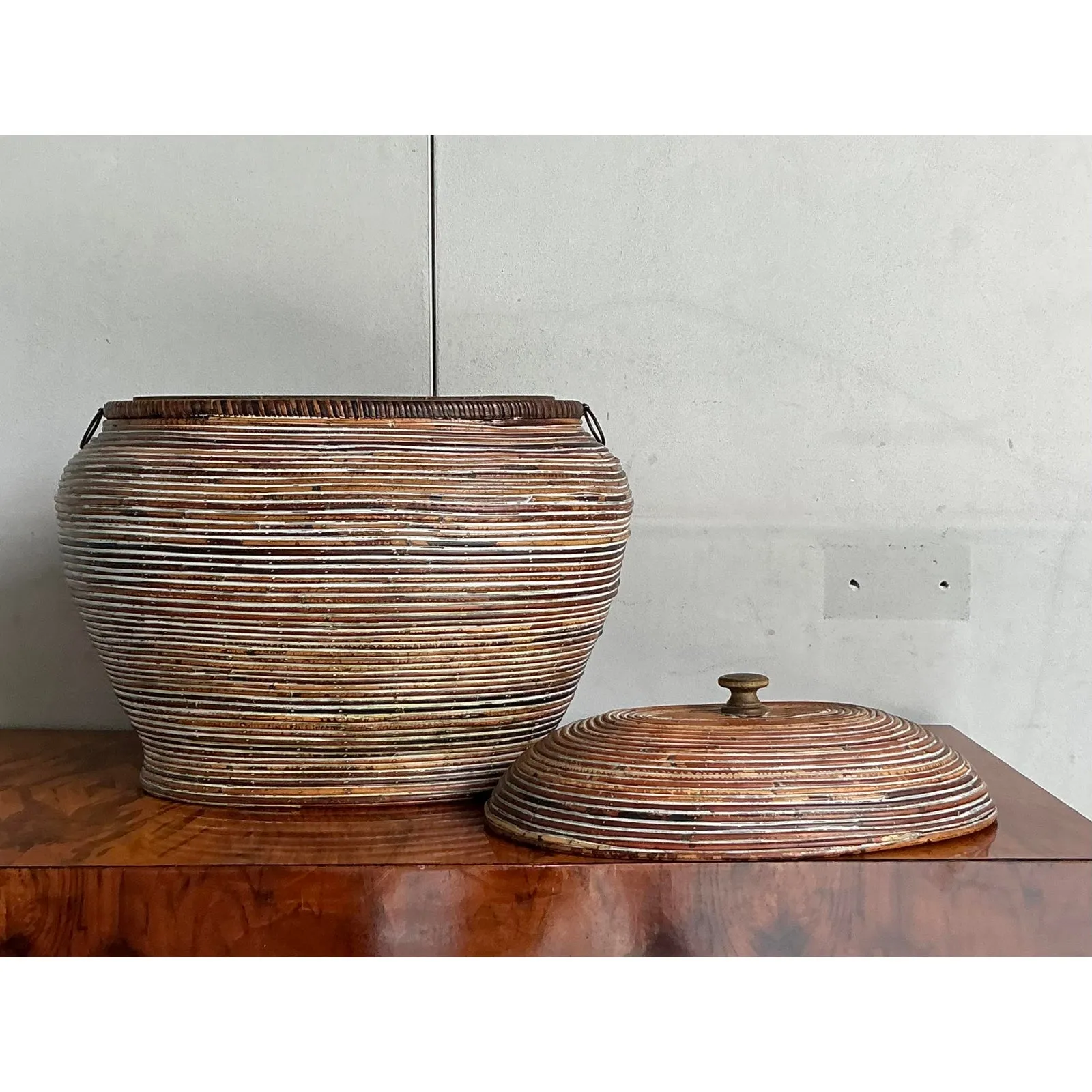 Vintage Boho Monumental Pencil Reed Lidded Basket — additional photo 6