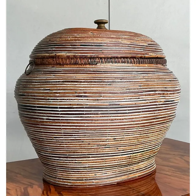 Vintage Boho Monumental Pencil Reed Lidded Basket — additional photo 3