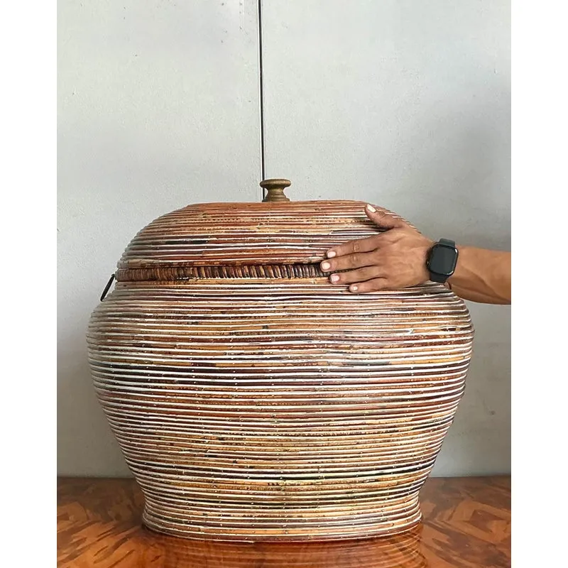 Vintage Boho Monumental Pencil Reed Lidded Basket — additional photo 7
