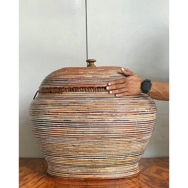 Vintage Boho Monumental Pencil Reed Lidded Basket — additional photo 7