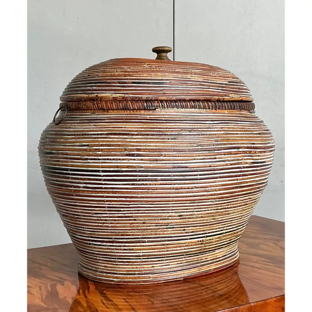 Vintage Boho Monumental Pencil Reed Lidded Basket — additional photo 2