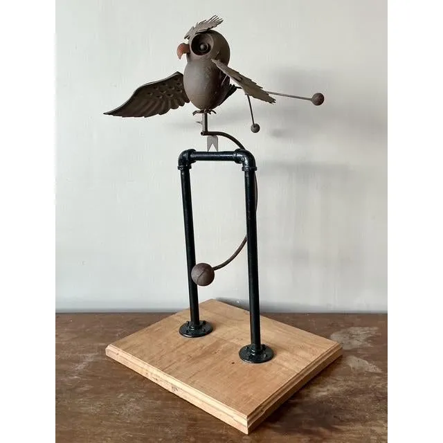 Vintage Boho Kinetic Metal Owl Sculpture — additional photo 2