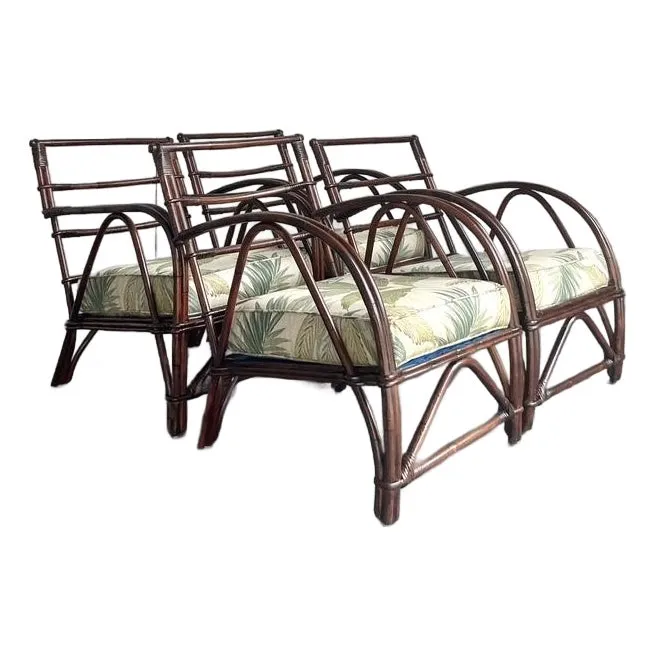 Vintage Boho 1940s Wicker Craft Bent Rattan Lounge Chairs - Set of 4
