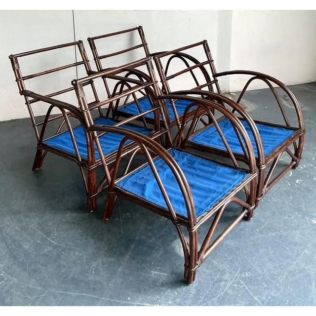 Vintage Boho 1940s Wicker Craft Bent Rattan Lounge Chairs - Set of 4 — additional photo 7