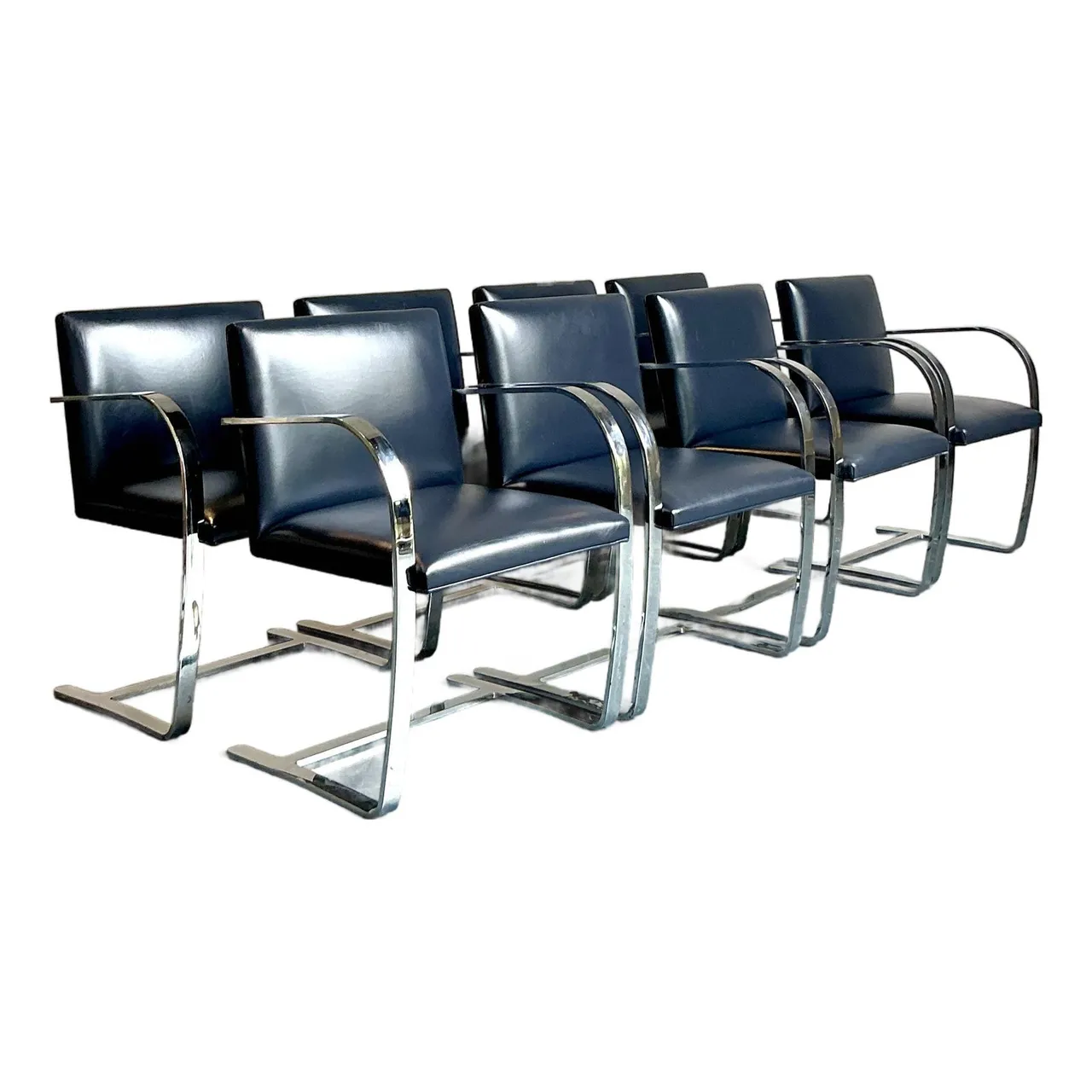 Vintage Boho Mies Van Der Rohe for Knoll Flat Bar Leather Dining Chairs - Set of 8