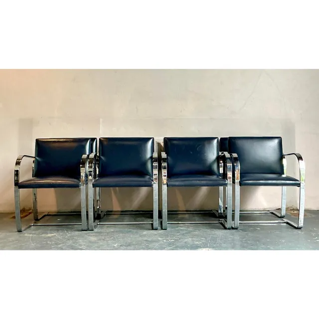 Vintage Boho Mies Van Der Rohe for Knoll Flat Bar Leather Dining Chairs - Set of 8 — additional photo 6
