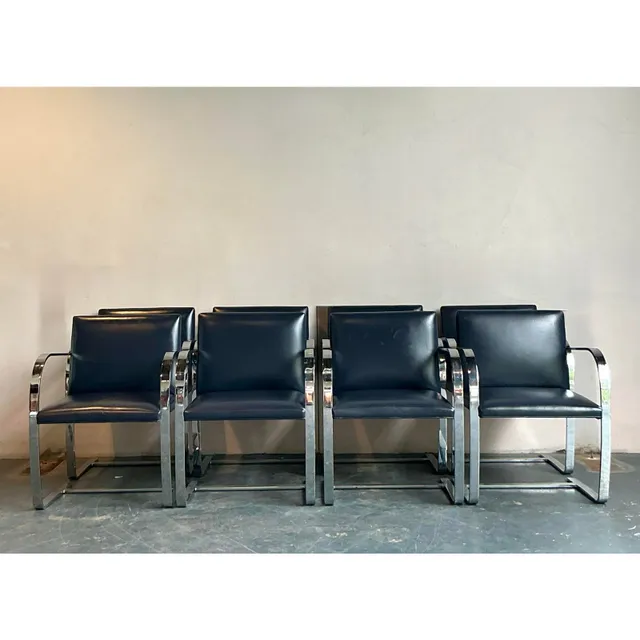 Vintage Boho Mies Van Der Rohe for Knoll Flat Bar Leather Dining Chairs - Set of 8 — additional photo 2