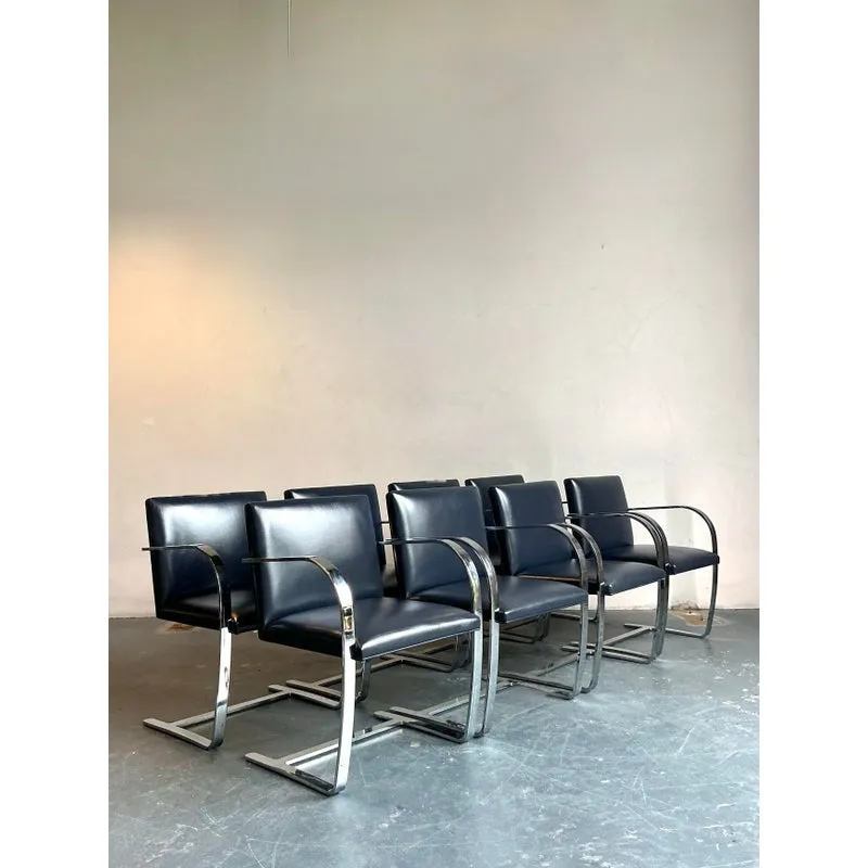 Vintage Boho Mies Van Der Rohe for Knoll Flat Bar Leather Dining Chairs - Set of 8 — additional photo 3