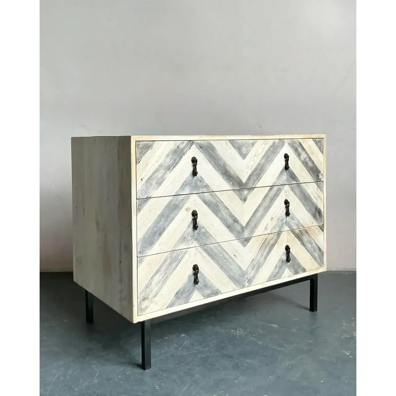 Vintage Boho Whitewash Chevron Chest of Drawers