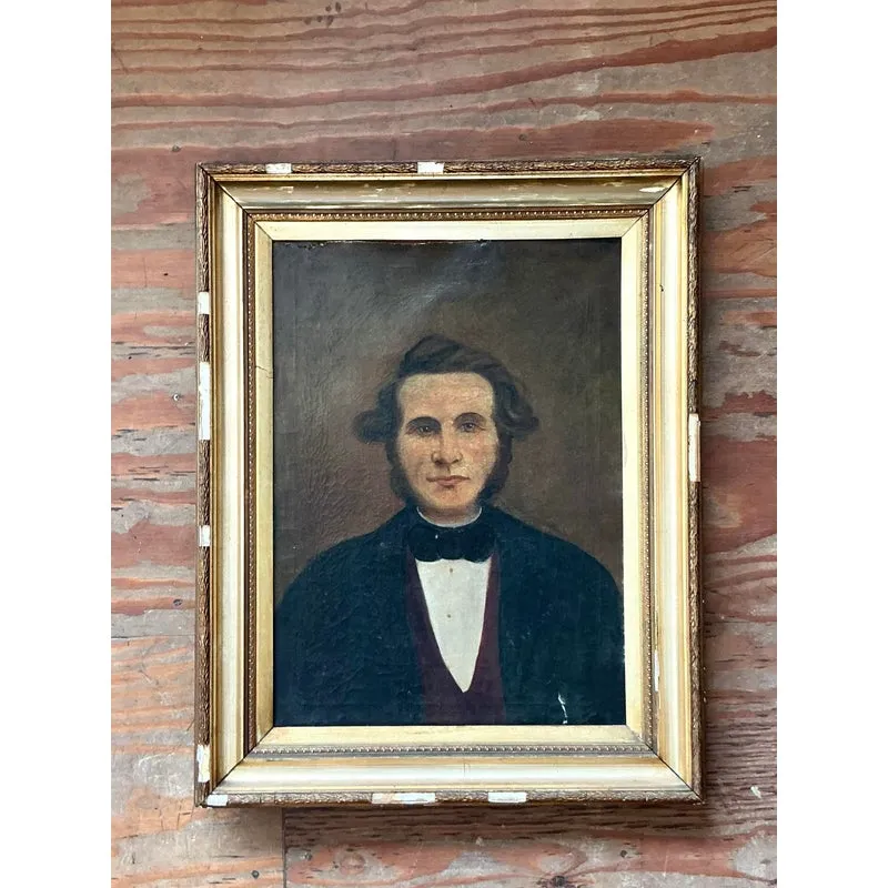 Vintage Boho 19th Century Folk Art Portrait of Man