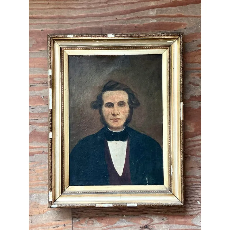Vintage Boho 19th Century Folk Art Portrait of Man — additional photo 1