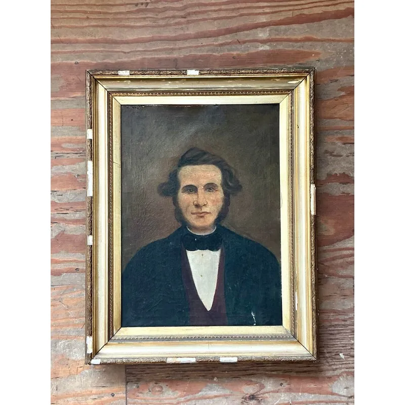 Vintage Boho 19th Century Folk Art Portrait of Man — additional photo 2