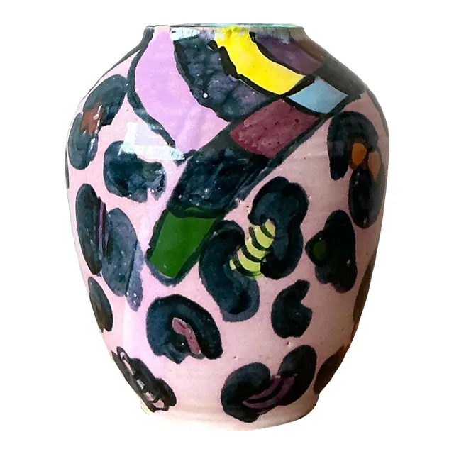 Vintage Boho Hand Painted Glazed Ceramic Vase — additional photo 1