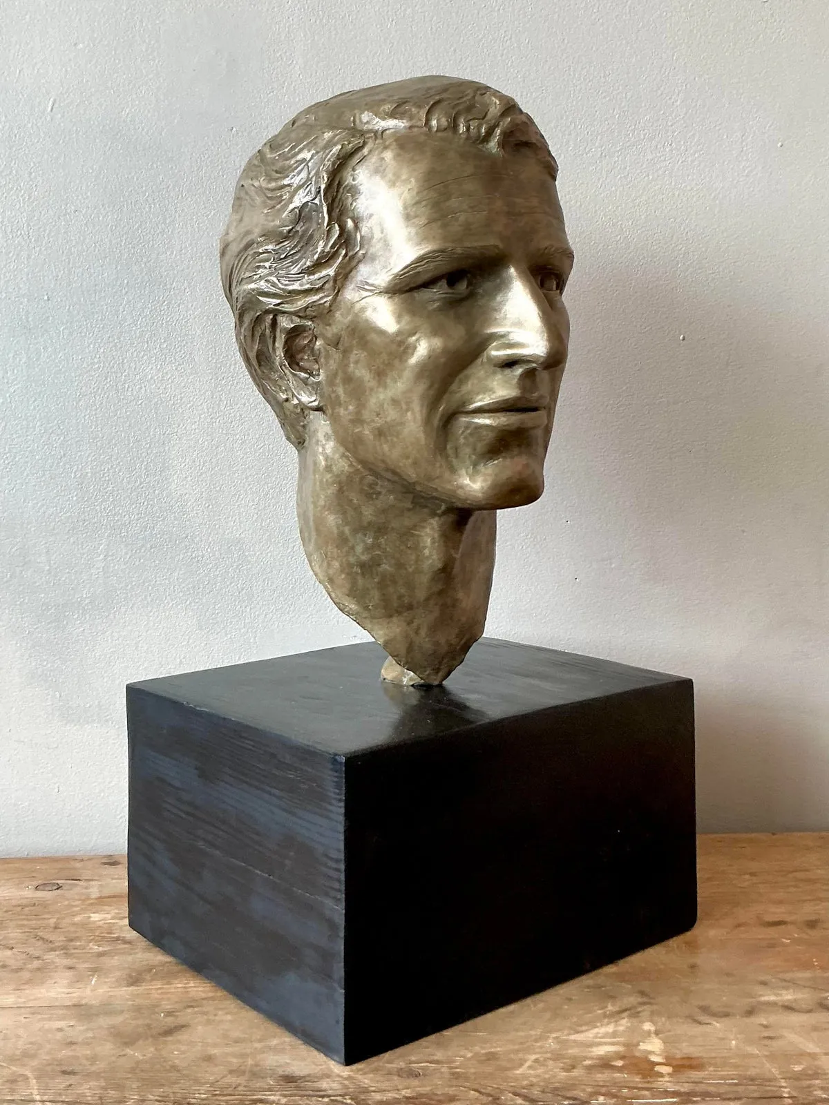Vintage Boho Original Cast Bronze Bust of Paul Newman - Top view