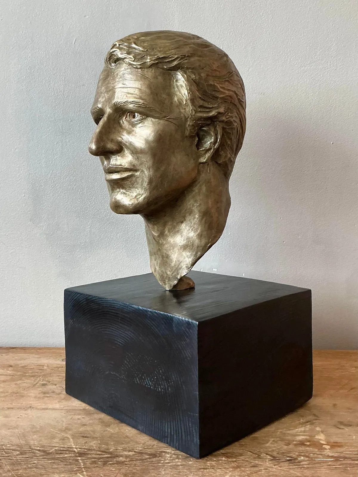 Vintage Boho Original Cast Bronze Bust of Paul Newman - Close-up view