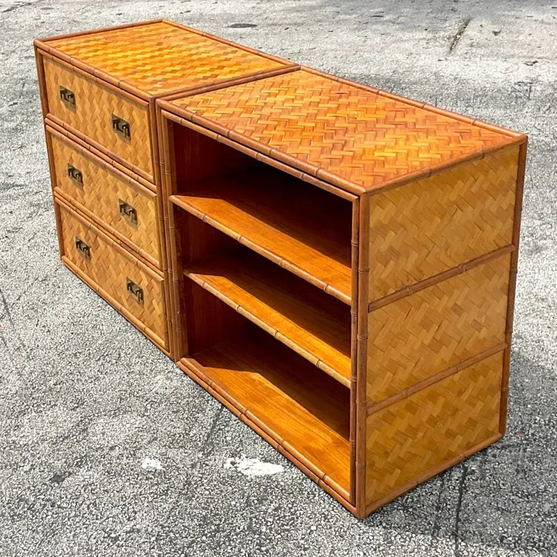 Late 20th Century Vintage Coastal Parquet Rattan Credenza Set of 2 — additional photo 2