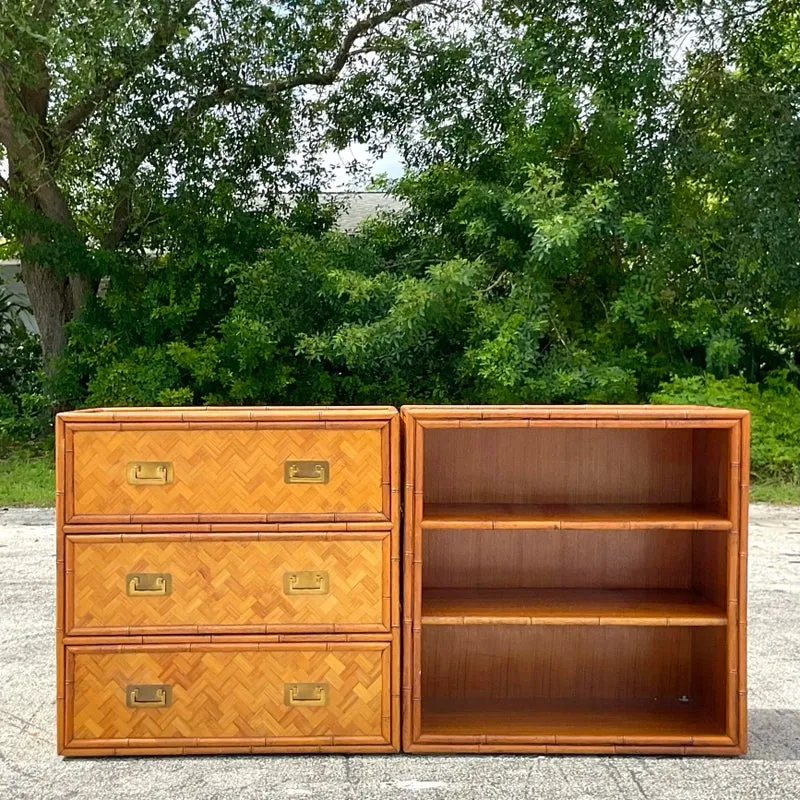 Late 20th Century Vintage Coastal Parquet Rattan Credenza Set of 2 — additional photo 3