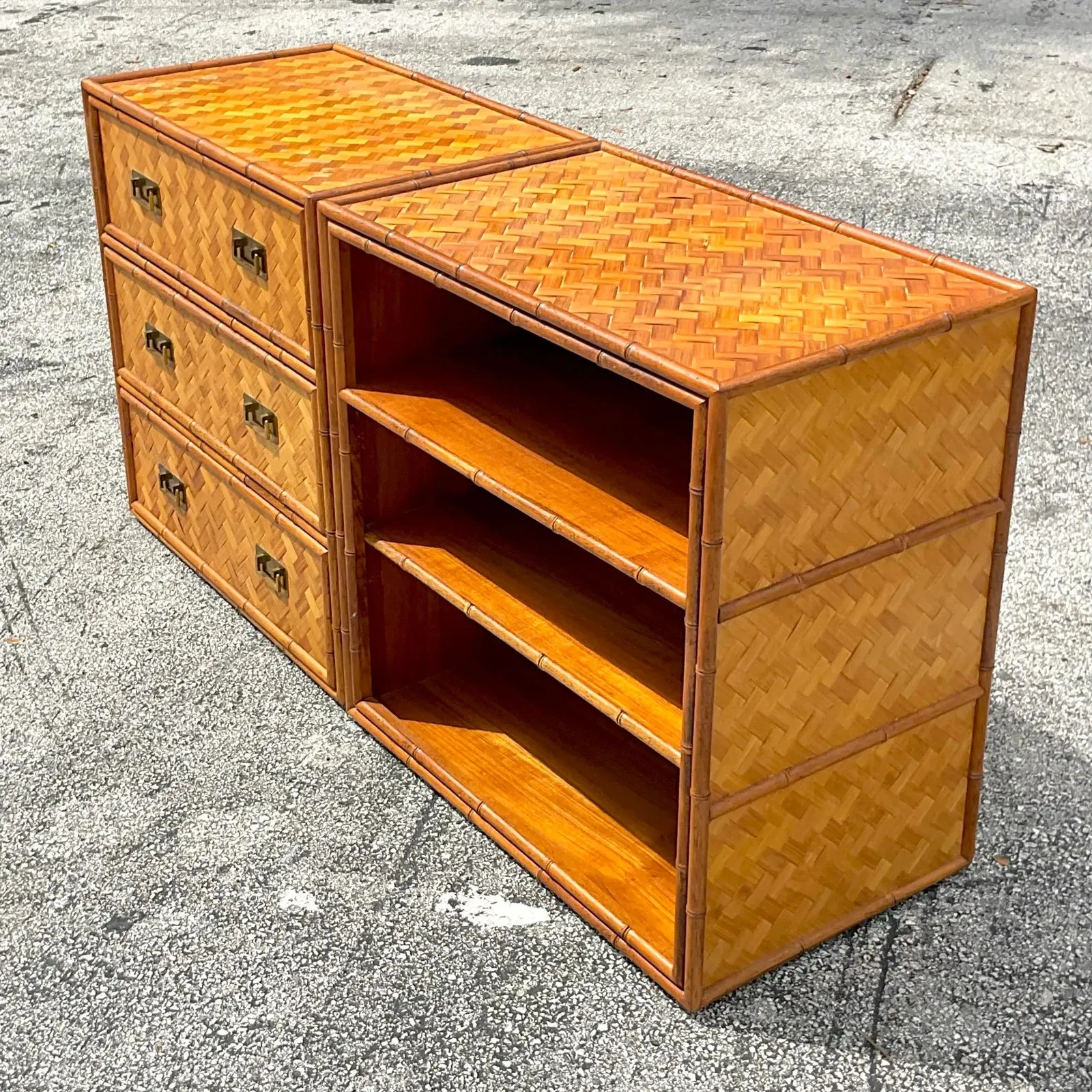 Late 20th Century Vintage Coastal Parquet Rattan Credenza Set of 2 — additional photo 4